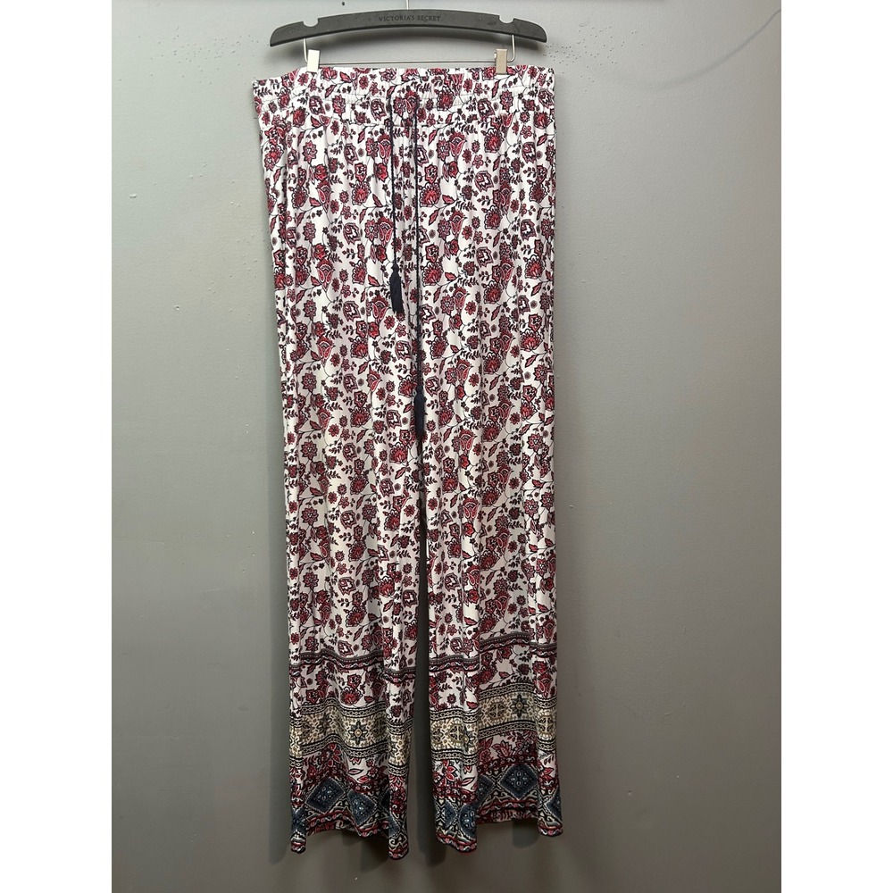 New Directions Pants Womens Large Red Floral Boho Tassel Wide Leg Palazzo Lounge